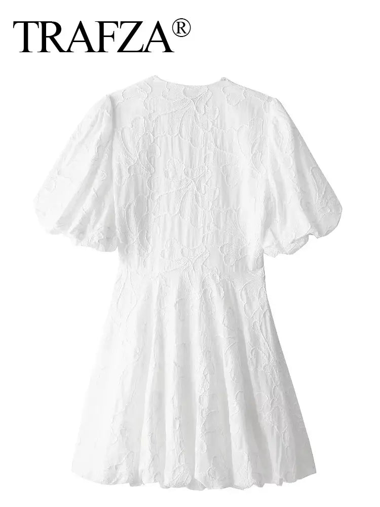 TRAFZA Women Elegant White Dress Short Sleeve V Neck Embroidered Mini Dresses 2024 Summer Female Casual Streetwear Vestidos TRAF