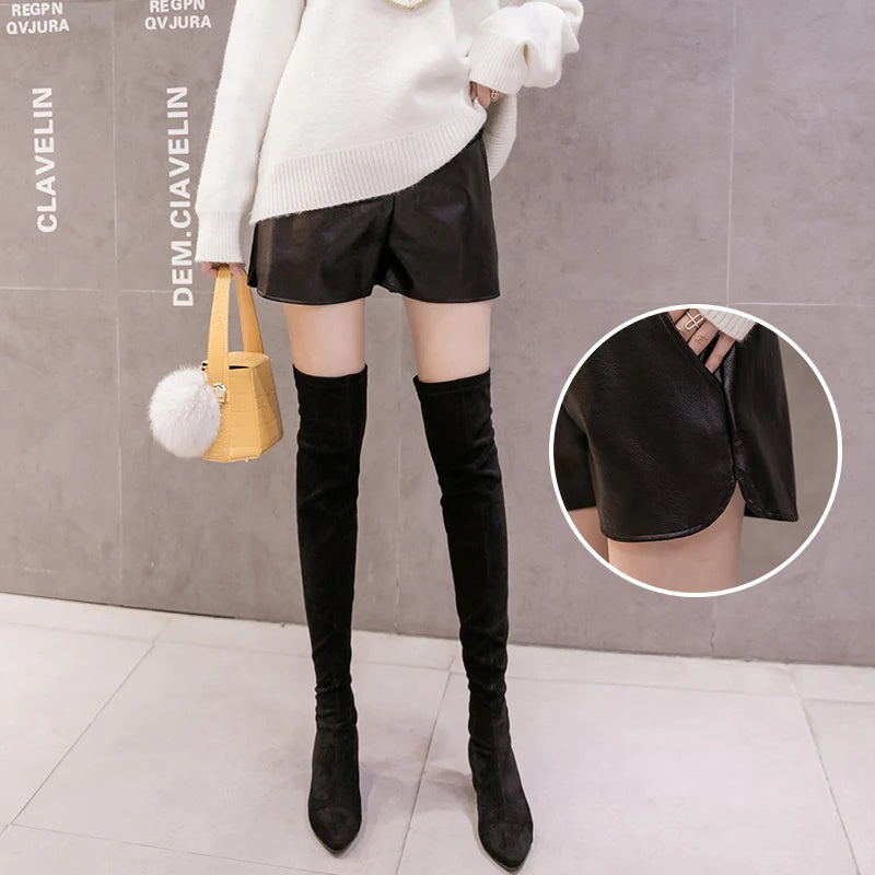 Cotton's Belly Patchwork PU Leather Shorts For Pregnant Women Fashionable Wide-legged Short Pants Maternity Side Split Trousers