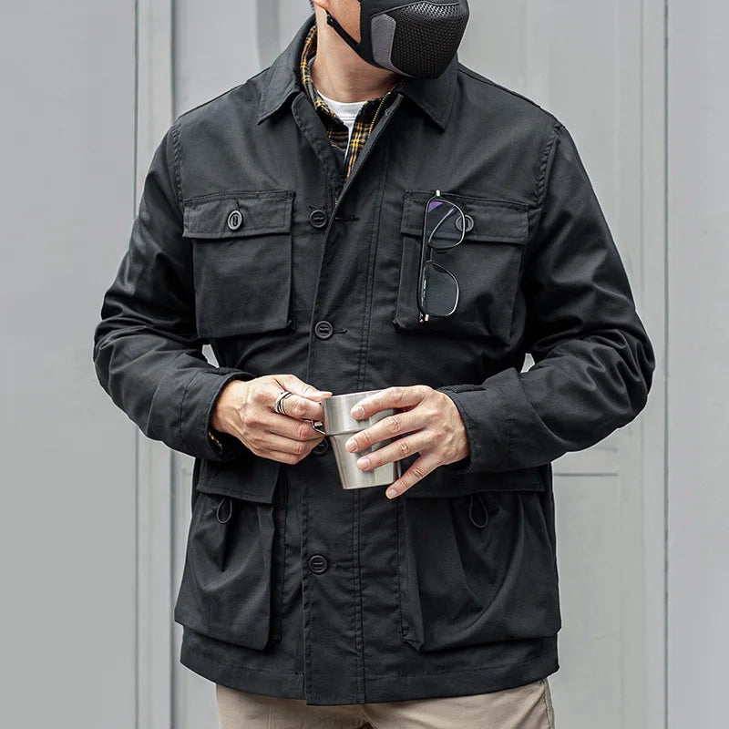 Safari Jacket Men Tactical Windbreaker Outdoor Multi-pocket Vintage Casual Coats Spring Autumn Army Camo Amekaji Hunter