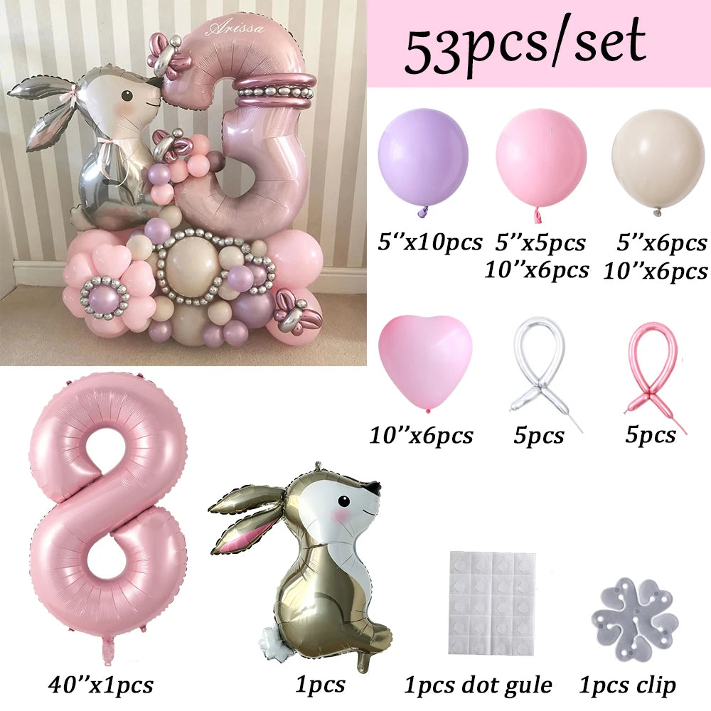 53pcs Easter Bunny Cartoon Rabbit Foil Balloons with Pink 40inch Number Ball Set Child Girls 1st Birthday Party Baby Shower Deco