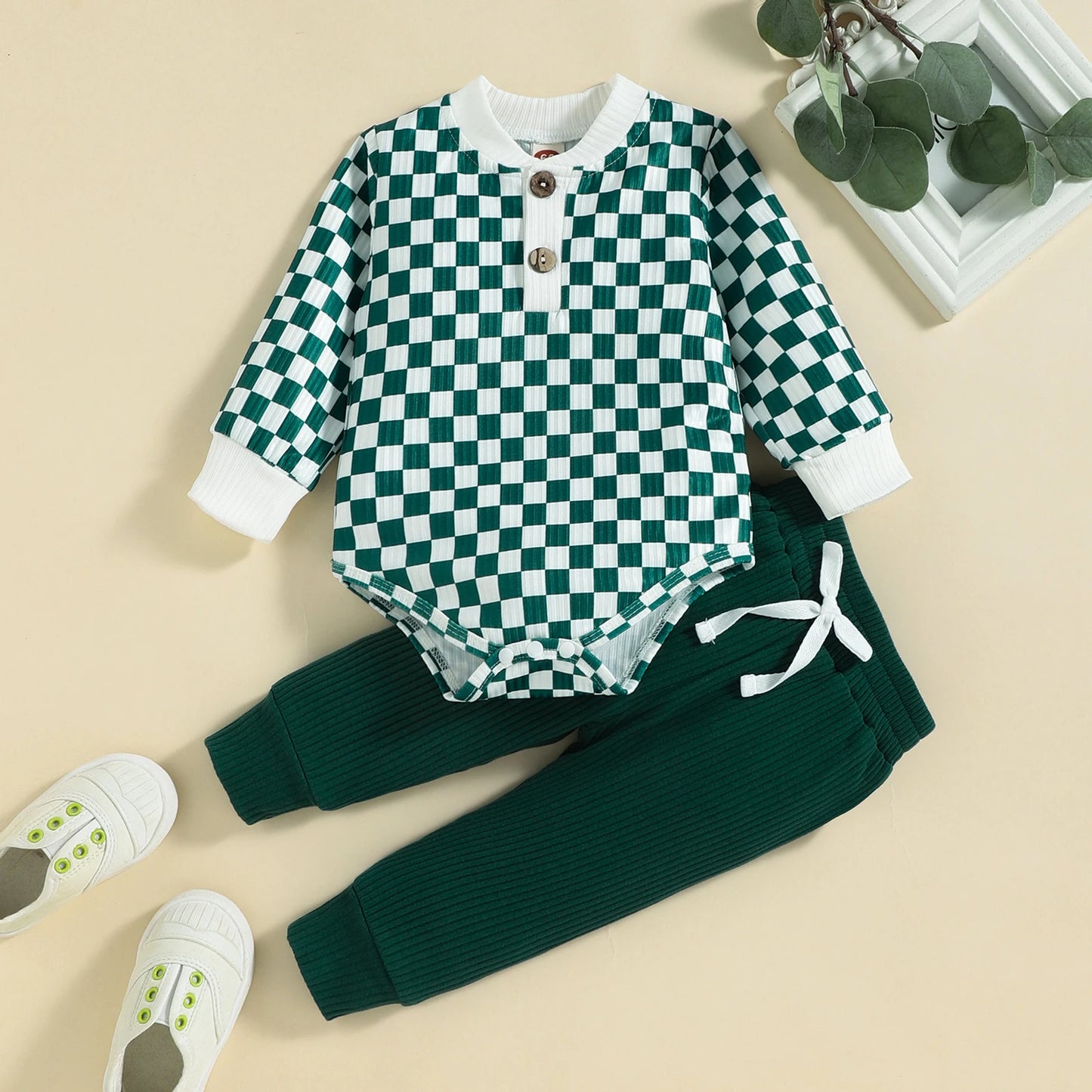2PCS Autumn Boys And Babies Aged 0-2 Years Old Casual Fashionable Checkerboard Long-Sleeved Top + Solid Color Pants Set