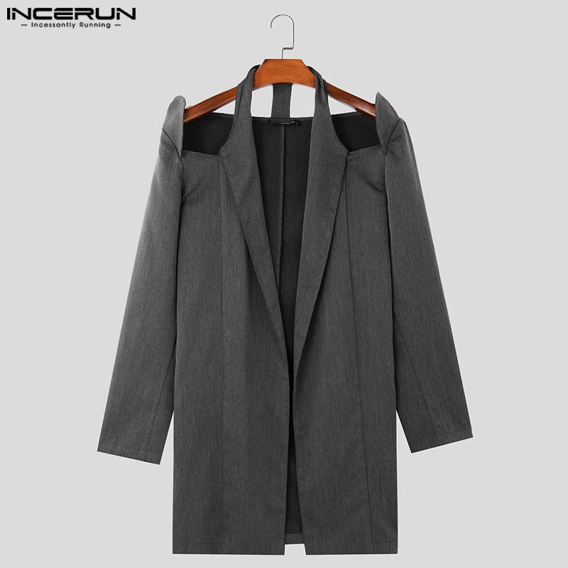 INCERUN Handsome Men's Tops Stylish Shoulder Hollow Medium Long Suit Coat Casual Clubwear Solid Personality Long Sleeved Blazer
