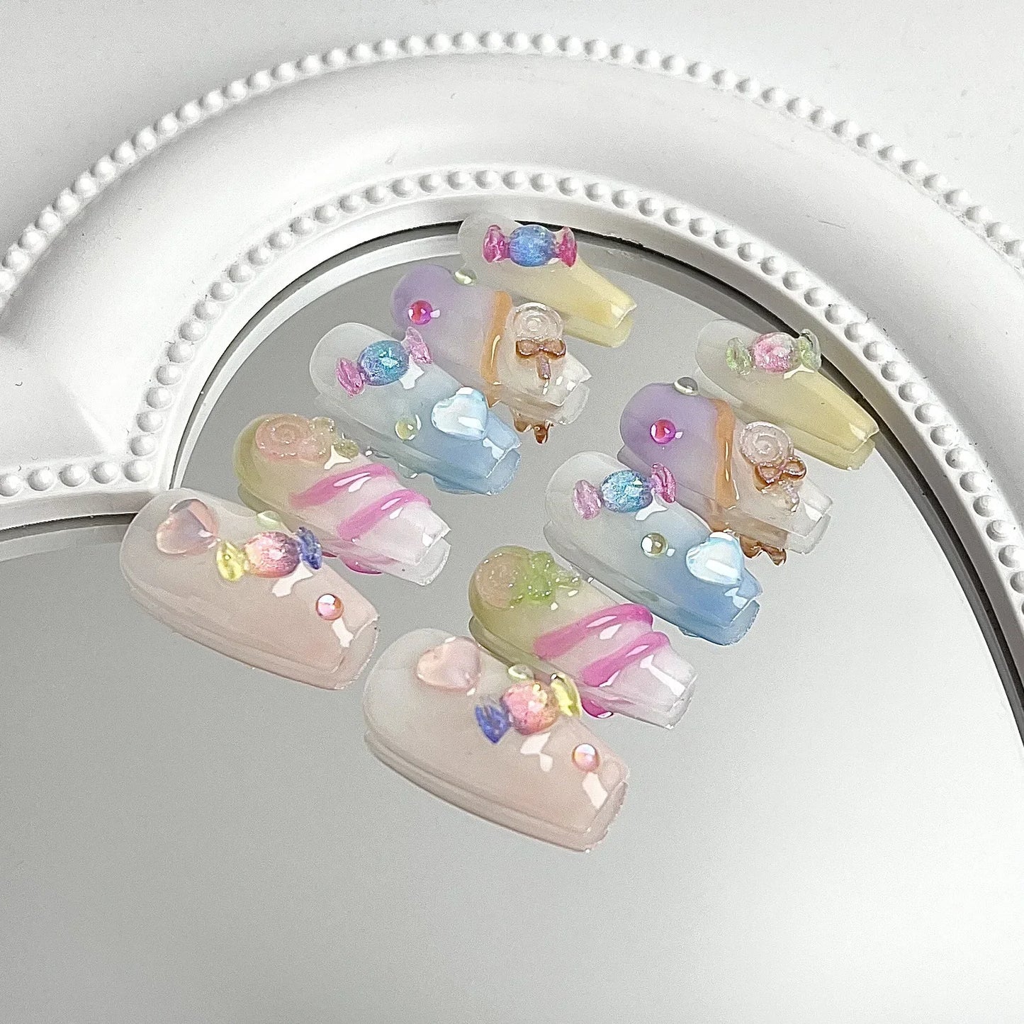10Pcs Cute Handmade Sweets Press on Nails Ballet French Rhinestone Decoration False Nails Wearable Manicure Fake Nail Tips Art