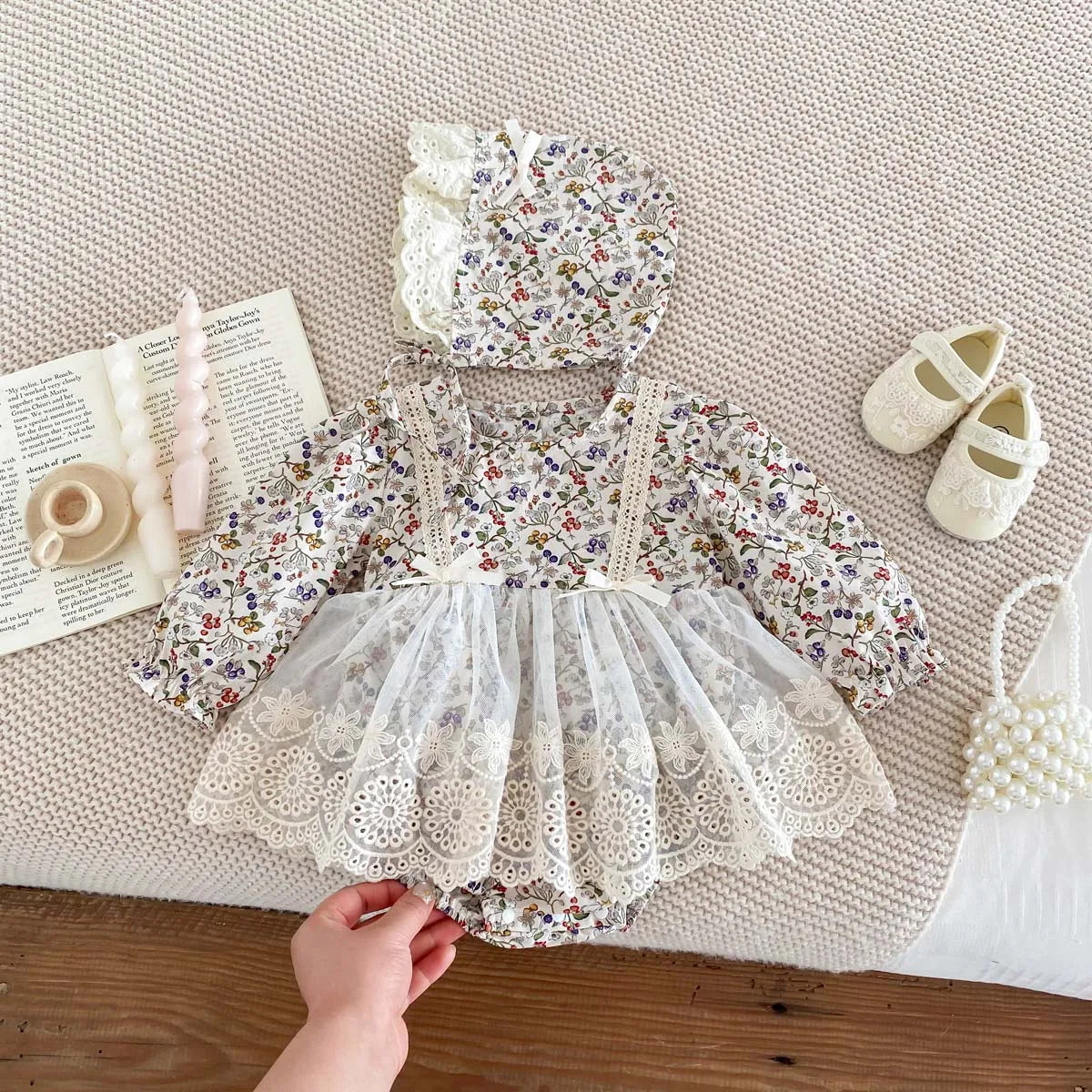 Newborn Girl Romper Lace Cut Out Floral Dress Long Sleeved+ Hat Baby Girl Bodysuit Baby Clothes 0-24 Months