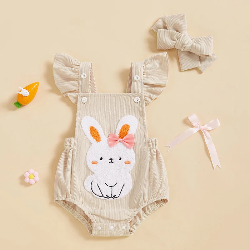 Adorable Baby Easter Romper Set with Cute Bunny Embroidery Flutter Sleeves and Matching Headband for Girls