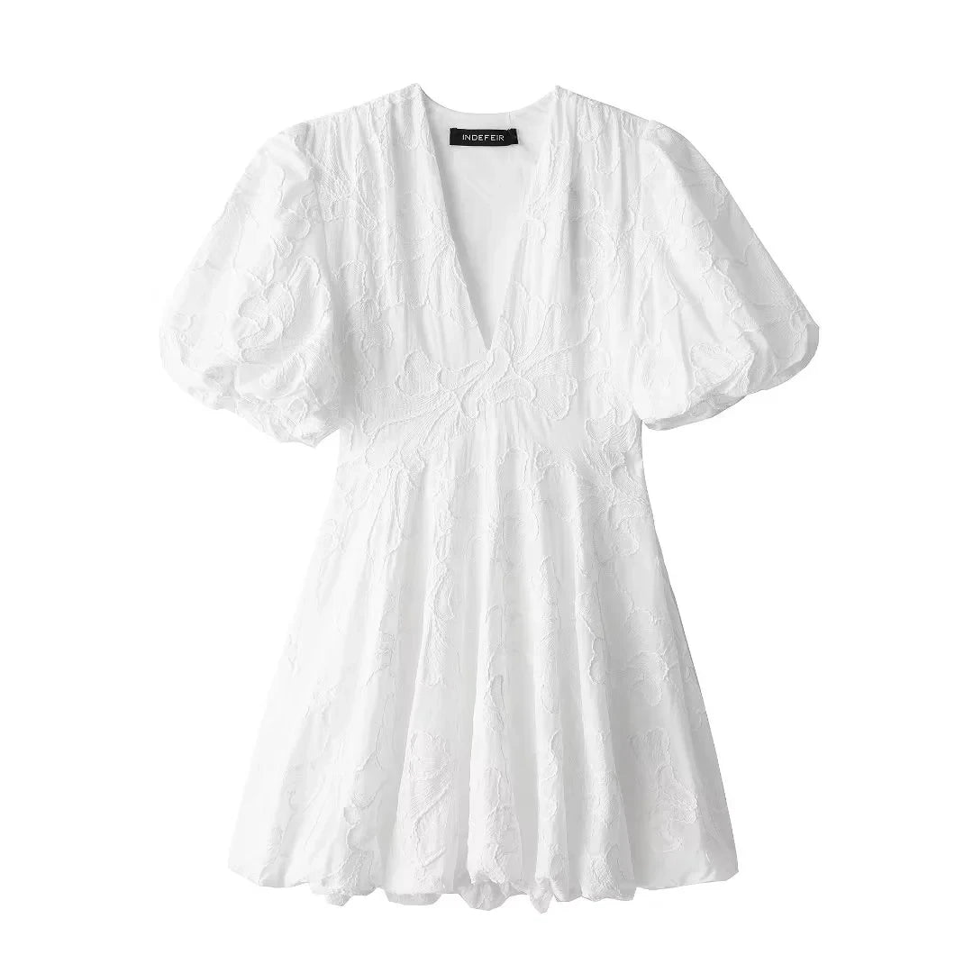 TRAFZA Women Elegant White Dress Short Sleeve V Neck Embroidered Mini Dresses 2024 Summer Female Casual Streetwear Vestidos TRAF