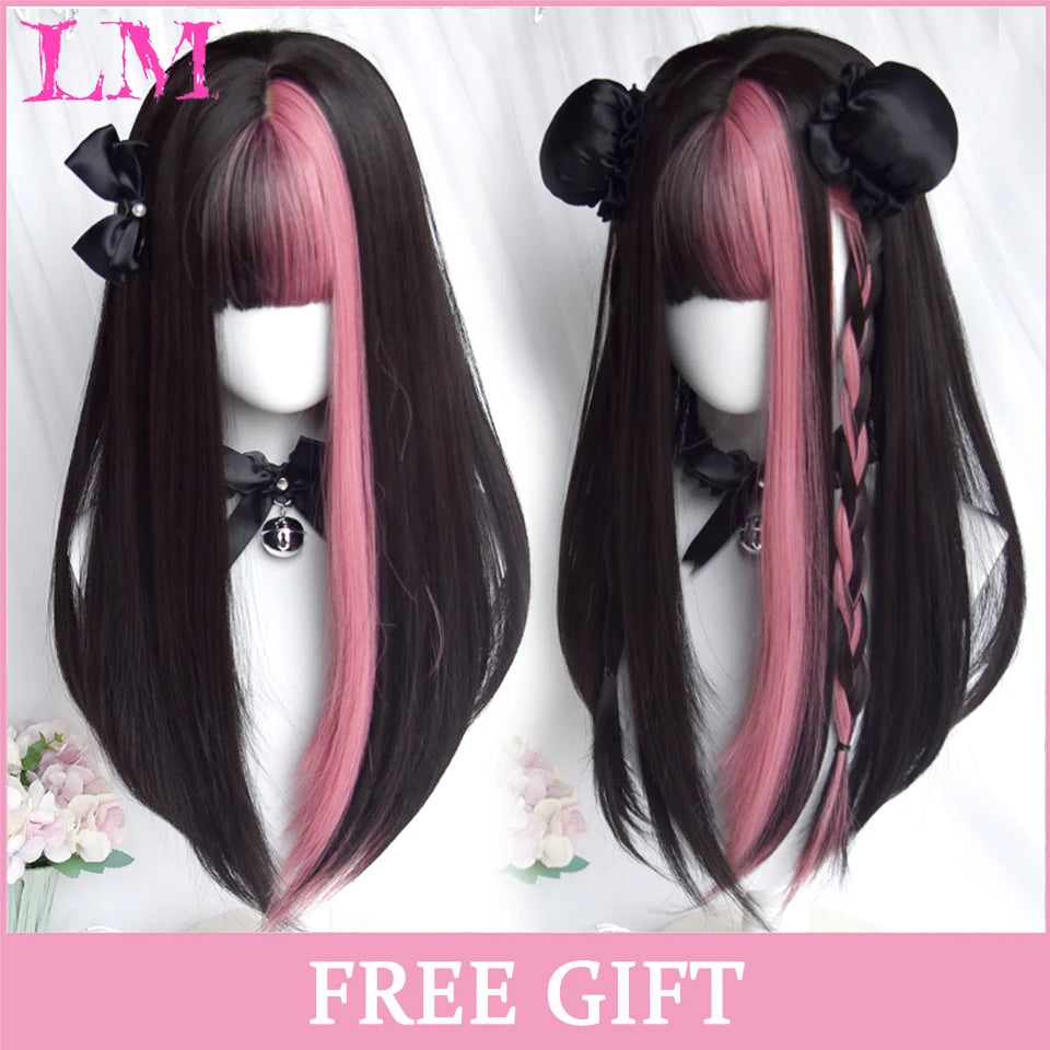 LM White Ombre Black Synthetic Wig for Women Long Curly Wave Wigs with Bangs Cosplay Party Heat Resistant Hair