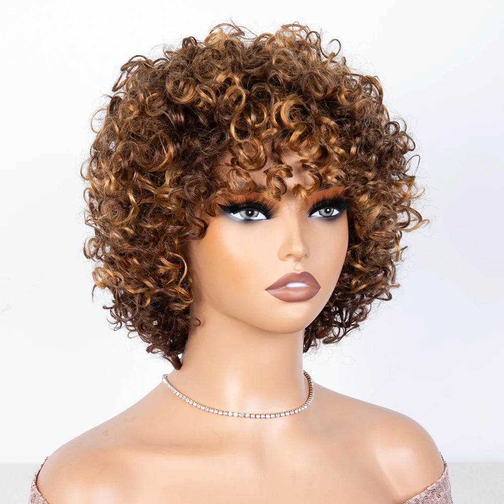 HIghlight Brazilian Kinky Curly Human Hair Lace Wig 8 inch Natural Black Hair Wigs For Women Pixies Short Hair Wig With Babyhair