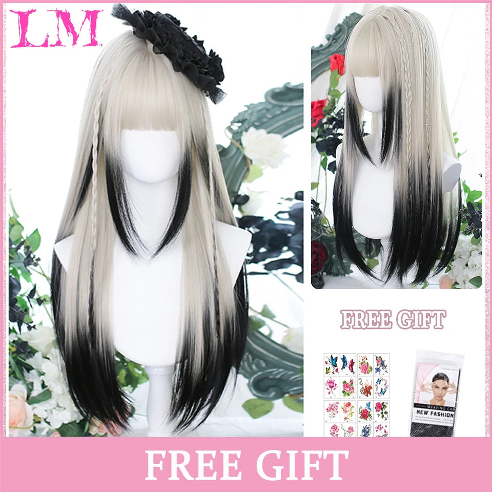 LM White Ombre Black Synthetic Wig for Women Long Curly Wave Wigs with Bangs Cosplay Party Heat Resistant Hair