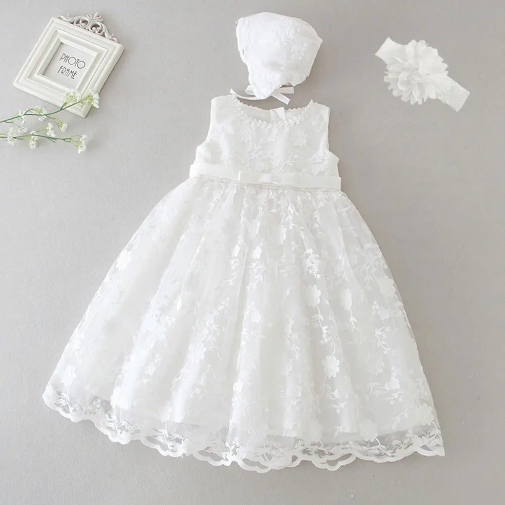 Hetiso White Infant Dress for Baptism Baby Girls Lace Dresses with hat Kids Clothes Christening Birthday Outfits 3-24 Month