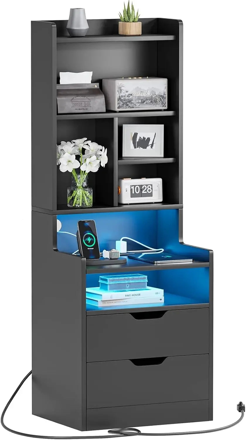 Charging Nightstand Set of 2 with LED Lights,Tall Night Stand with Bookshelf,Bedside Table with Drawers,Black Side Tables