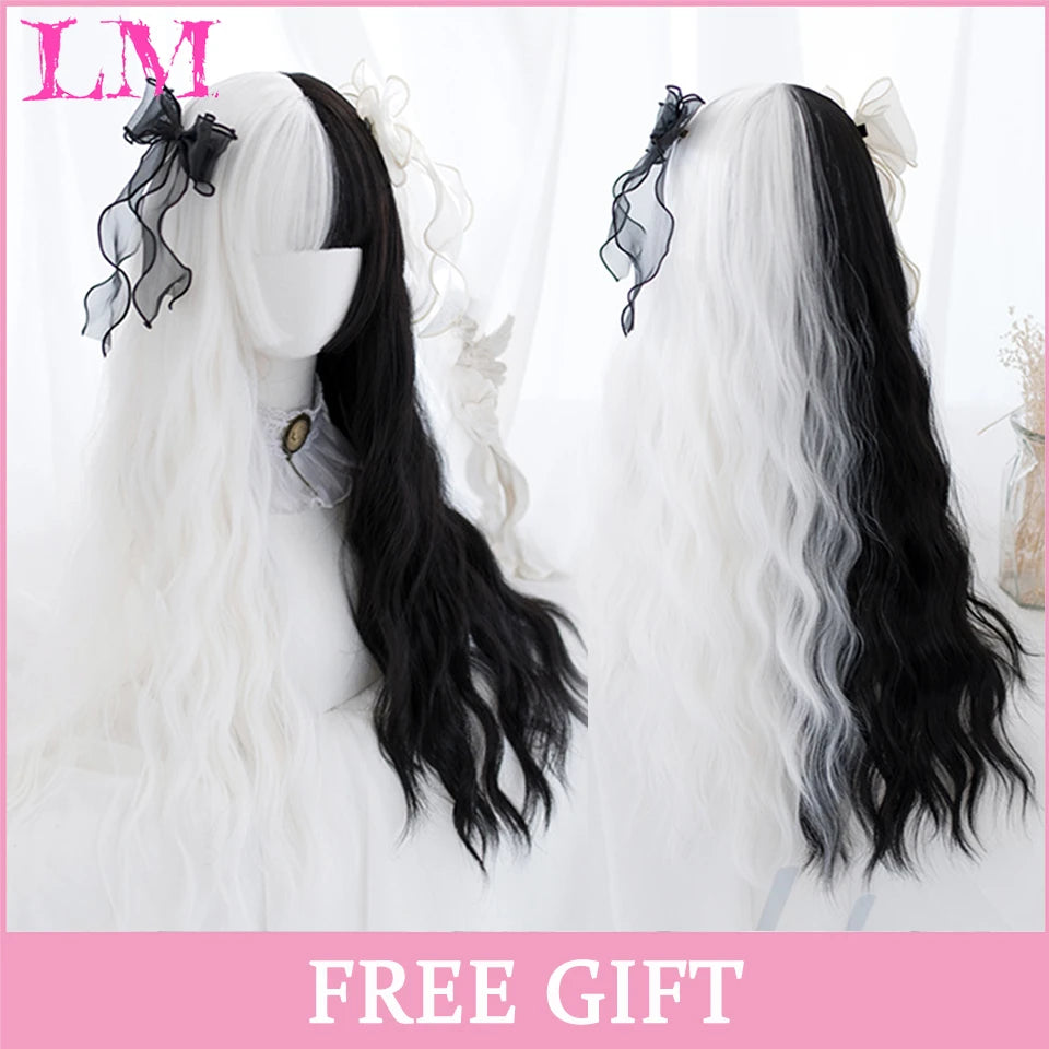 LM White Ombre Black Synthetic Wig for Women Long Curly Wave Wigs with Bangs Cosplay Party Heat Resistant Hair