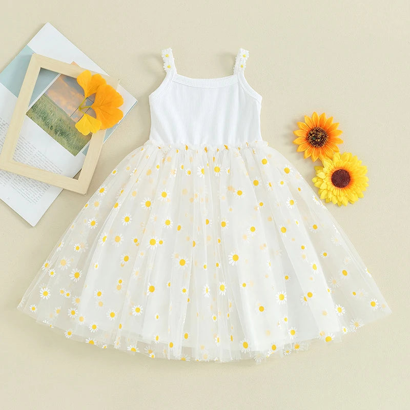 0-4Y Baby Girls Summer Dress Sling Sleeveless Daisy Print Mesh A-Line Princess Dress for Beach Party Kids Clothes