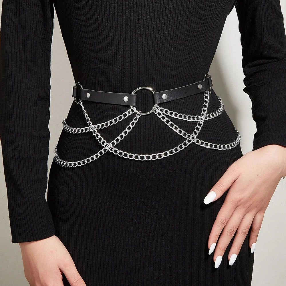 Women Trend Punk Belt With Chain Waist Belt Decoration Female Street Style Wide Waistband Leather Belt Goth Clothing Accessorie