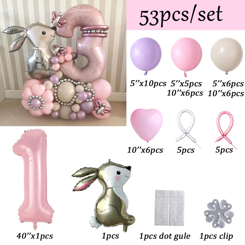 53pcs Easter Bunny Cartoon Rabbit Foil Balloons with Pink 40inch Number Ball Set Child Girls 1st Birthday Party Baby Shower Deco