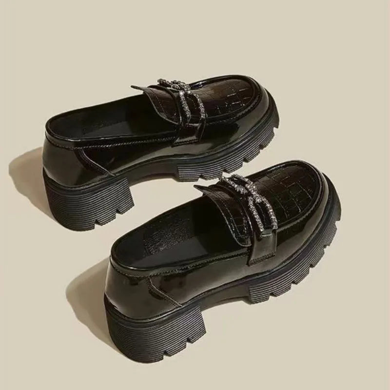 Woman Pumps Loafers Cute Kawaii Platform Shoes For Women Fashion Leather Casual Block Heel Round Toe Chunky Heels Popular Shoe A