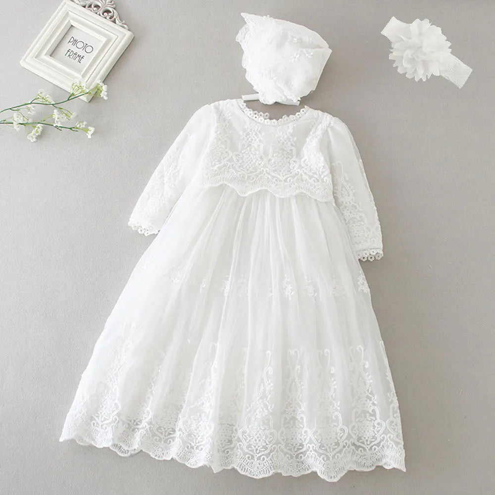 Hetiso White Infant Dress for Baptism Baby Girls Lace Dresses with hat Kids Clothes Christening Birthday Outfits 3-24 Month