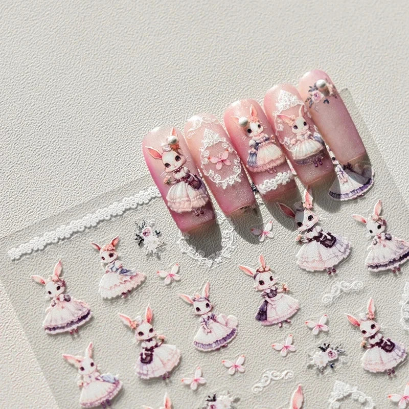 Noble Rococo Bunny Girl Pearl Butterfly Easter Egg Rabbit Soft Relief Self Adhesive 5D Nail Art Decoration Sticker 3D Nail Decal