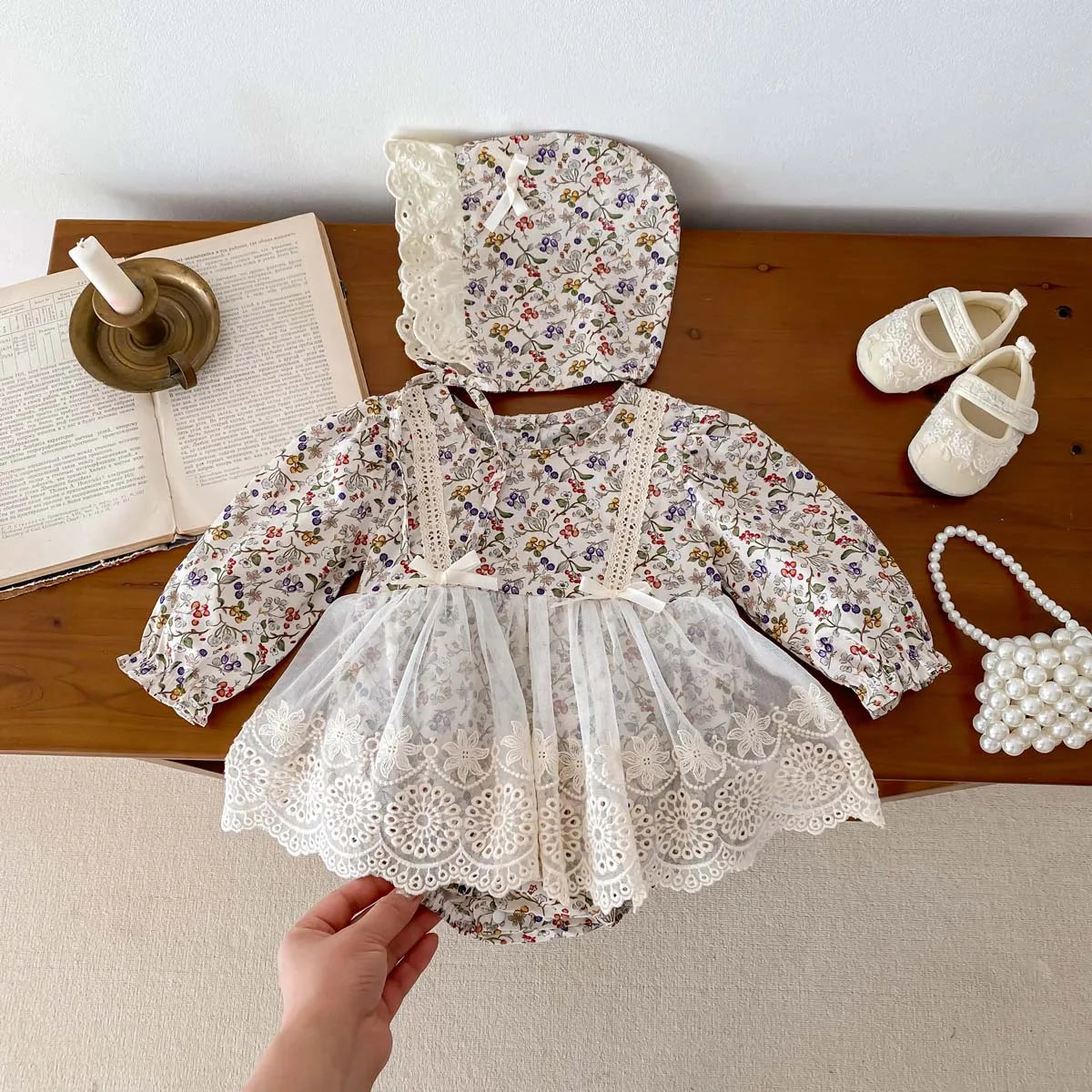Newborn Girl Romper Lace Cut Out Floral Dress Long Sleeved+ Hat Baby Girl Bodysuit Baby Clothes 0-24 Months