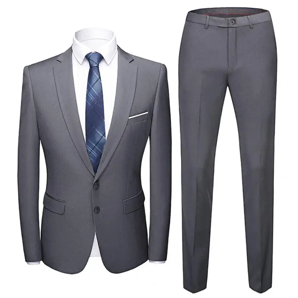 Men Blazer Pants Set Handsome Solid Turndown Collar Long Sleeve Two Buttons Slim Fit Formal Suit Wedding Banquet Groom Suit