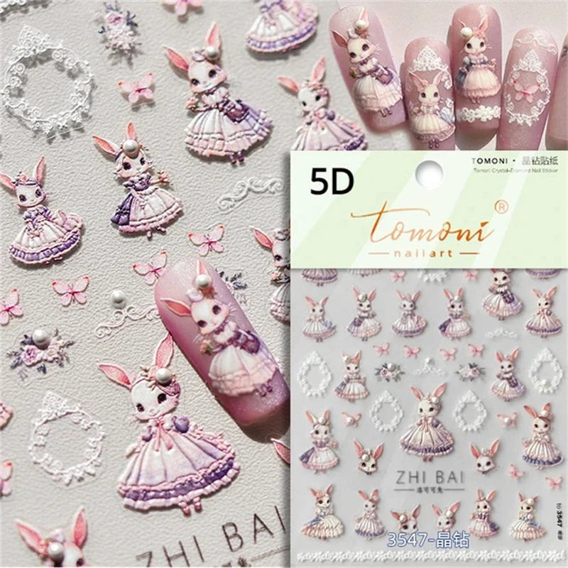 Noble Rococo Bunny Girl Pearl Butterfly Easter Egg Rabbit Soft Relief Self Adhesive 5D Nail Art Decoration Sticker 3D Nail Decal