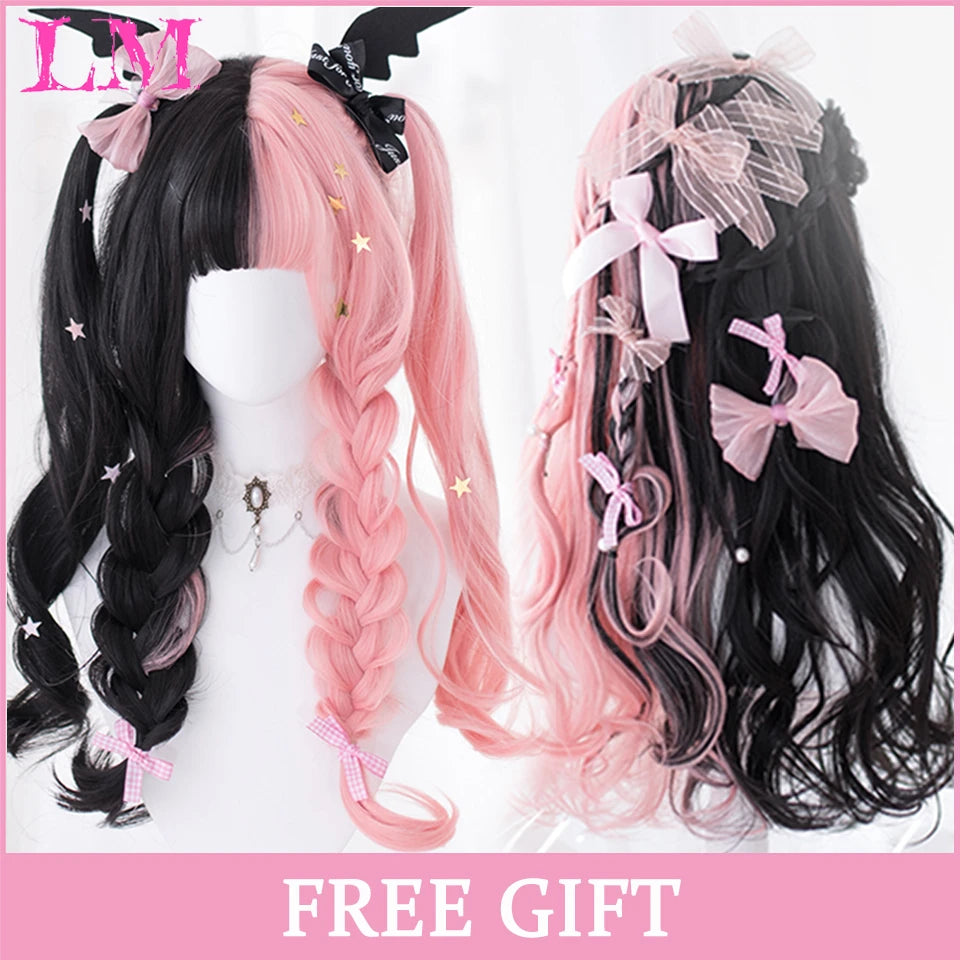 LM White Ombre Black Synthetic Wig for Women Long Curly Wave Wigs with Bangs Cosplay Party Heat Resistant Hair