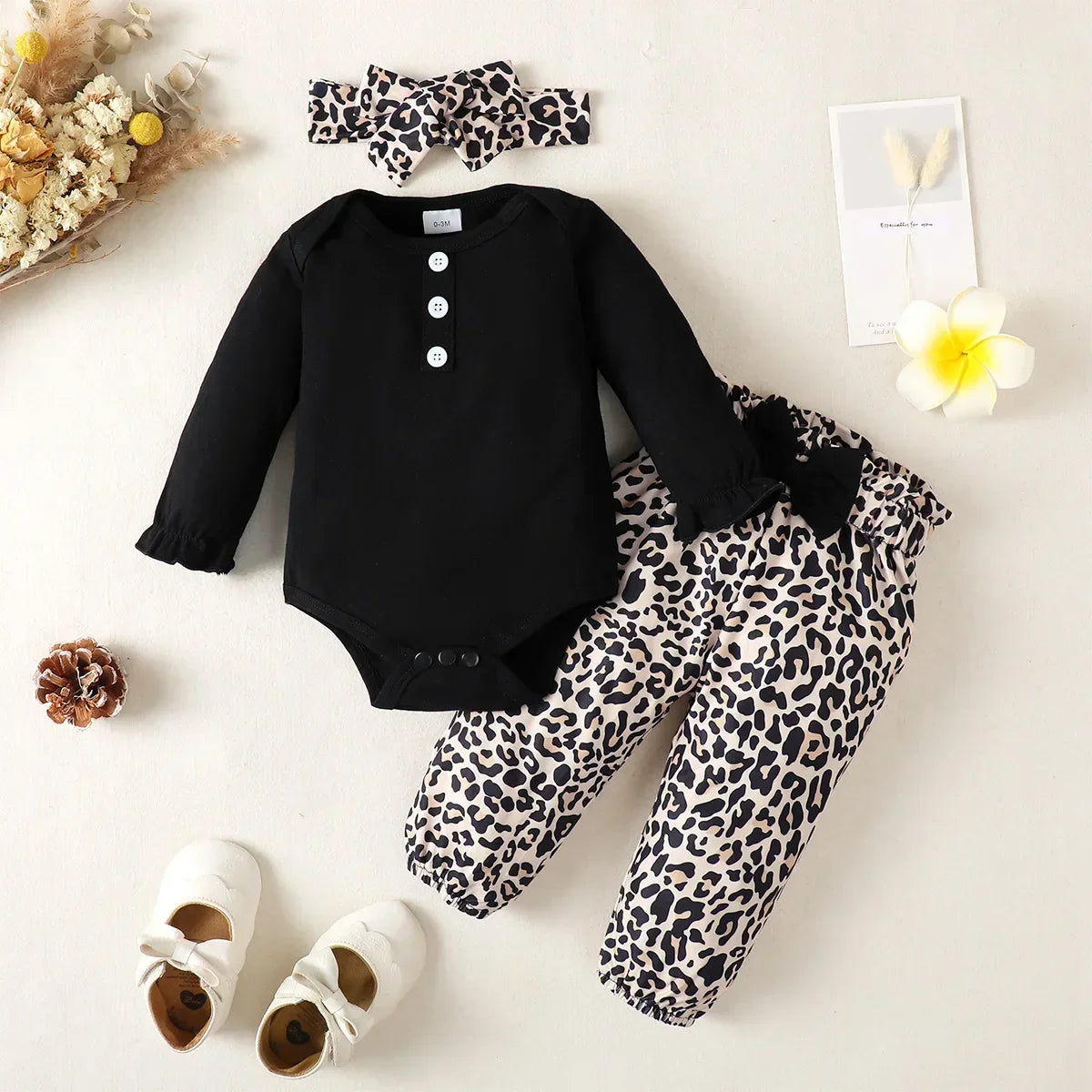 3Pcs Newborn Clothes Baby Girl Clothes Sets Infant Outfit Ruffles Romper Top Bow Leopard Pants New Born Toddler Clothing