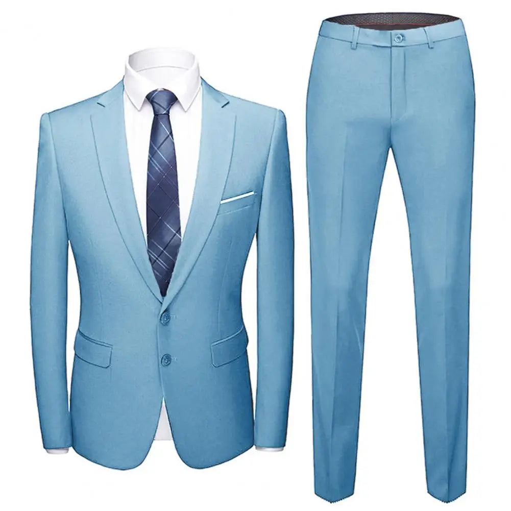 Men Blazer Pants Set Handsome Solid Turndown Collar Long Sleeve Two Buttons Slim Fit Formal Suit Wedding Banquet Groom Suit