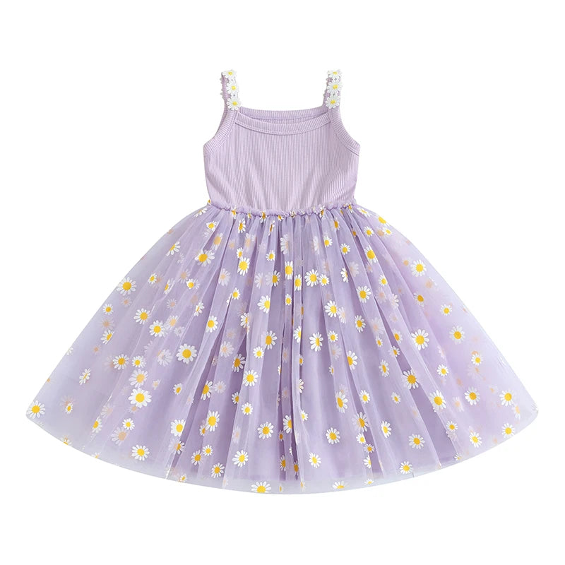 0-4Y Baby Girls Summer Dress Sling Sleeveless Daisy Print Mesh A-Line Princess Dress for Beach Party Kids Clothes