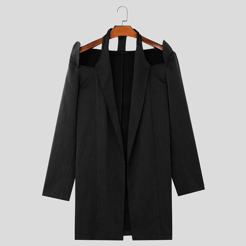 INCERUN Handsome Men's Tops Stylish Shoulder Hollow Medium Long Suit Coat Casual Clubwear Solid Personality Long Sleeved Blazer