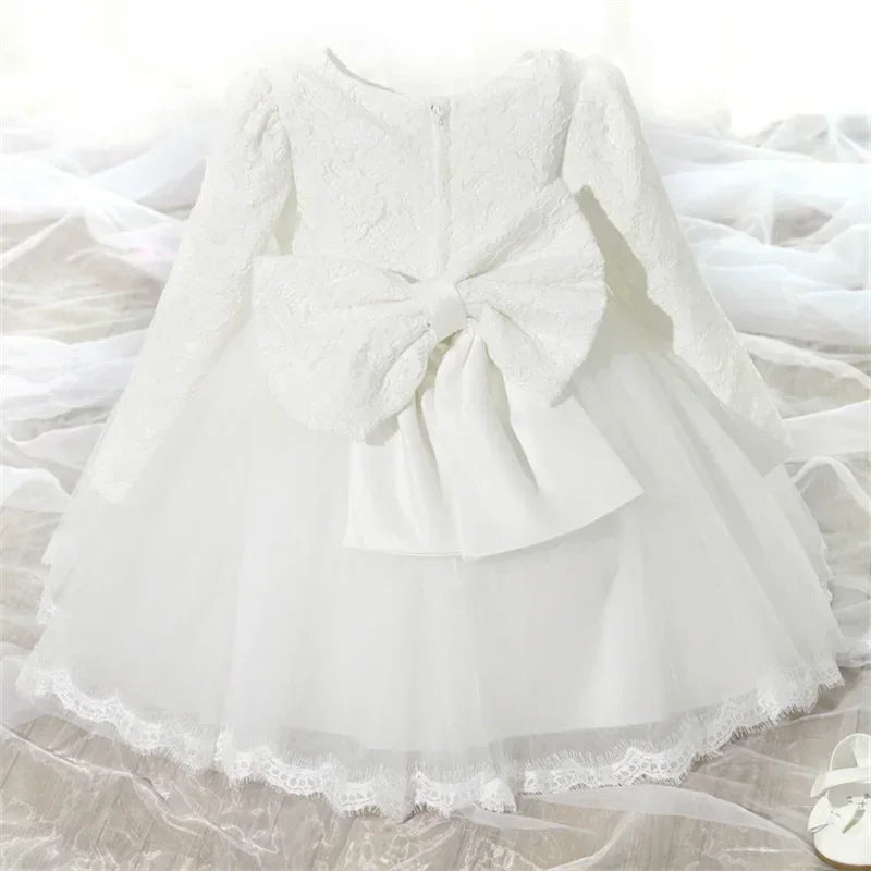 2024 Baby Girl Clothes Lace Long Sleeves Newborn Infant 1st Birthday Baptism Pink Dress Wedding Party Dresses for Girls Vestidos