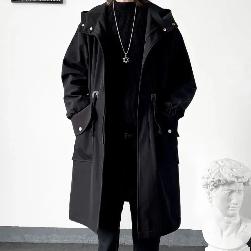 2023 Spring Autumn Army Green Windbreaker Fashion Men Mid-length Casual Hooded Coat Men Daily High Street Overcoat Male Clothes