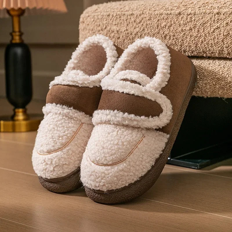 Autumn Winter Women Boots Brown Flannel Plush Warm Home Cotton Shoes Outdoor Platform Snow Boots Soft Sole Household Slippers