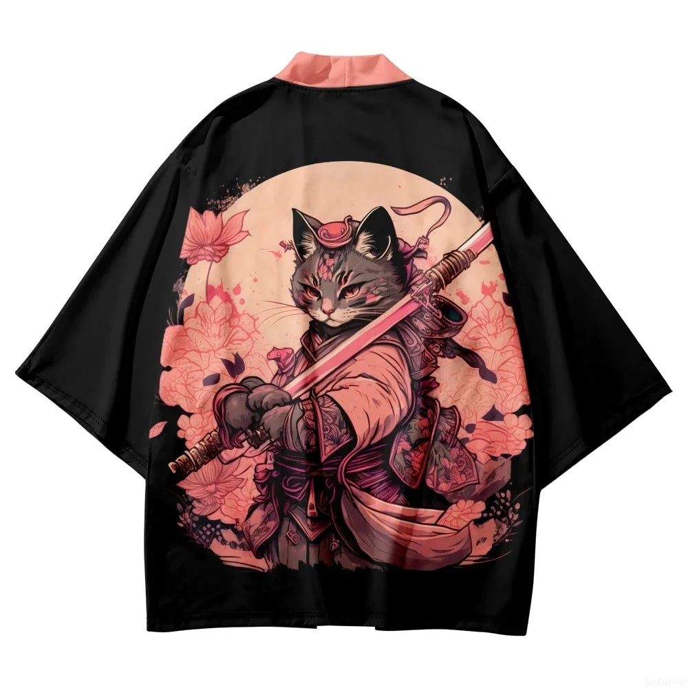 Japanese Kimono Yukata Samurai Kimono Man Cat Print Shirt Clothing Harajuku Cardigan For MenTraditional Haori Kimono Women