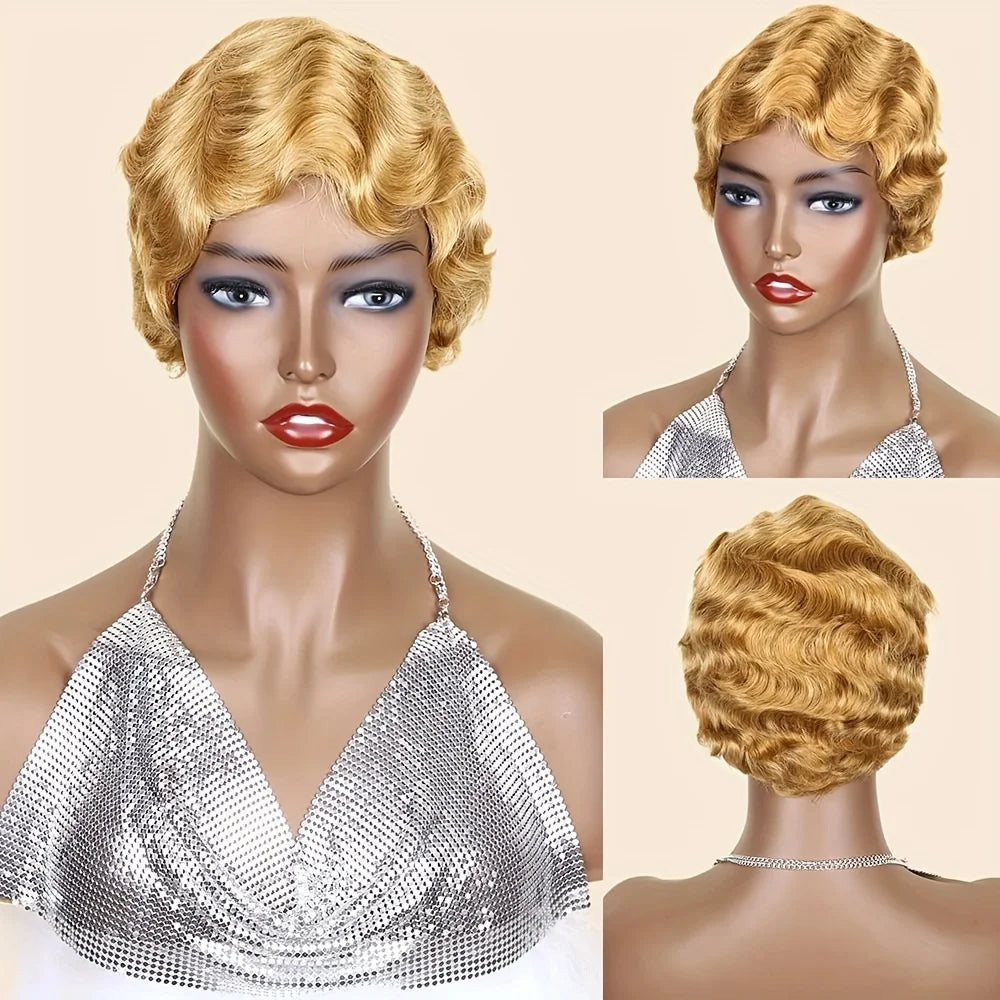 Blonde Burgundy Short Pixie Cut Wigs For Black Women Wig Brazilian Human Hair Wigs Finger Ocean Wave Wig Machine Made