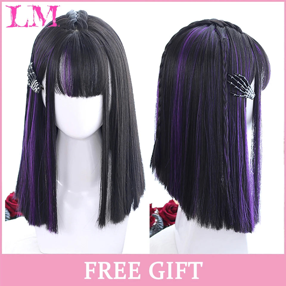 LM White Ombre Black Synthetic Wig for Women Long Curly Wave Wigs with Bangs Cosplay Party Heat Resistant Hair