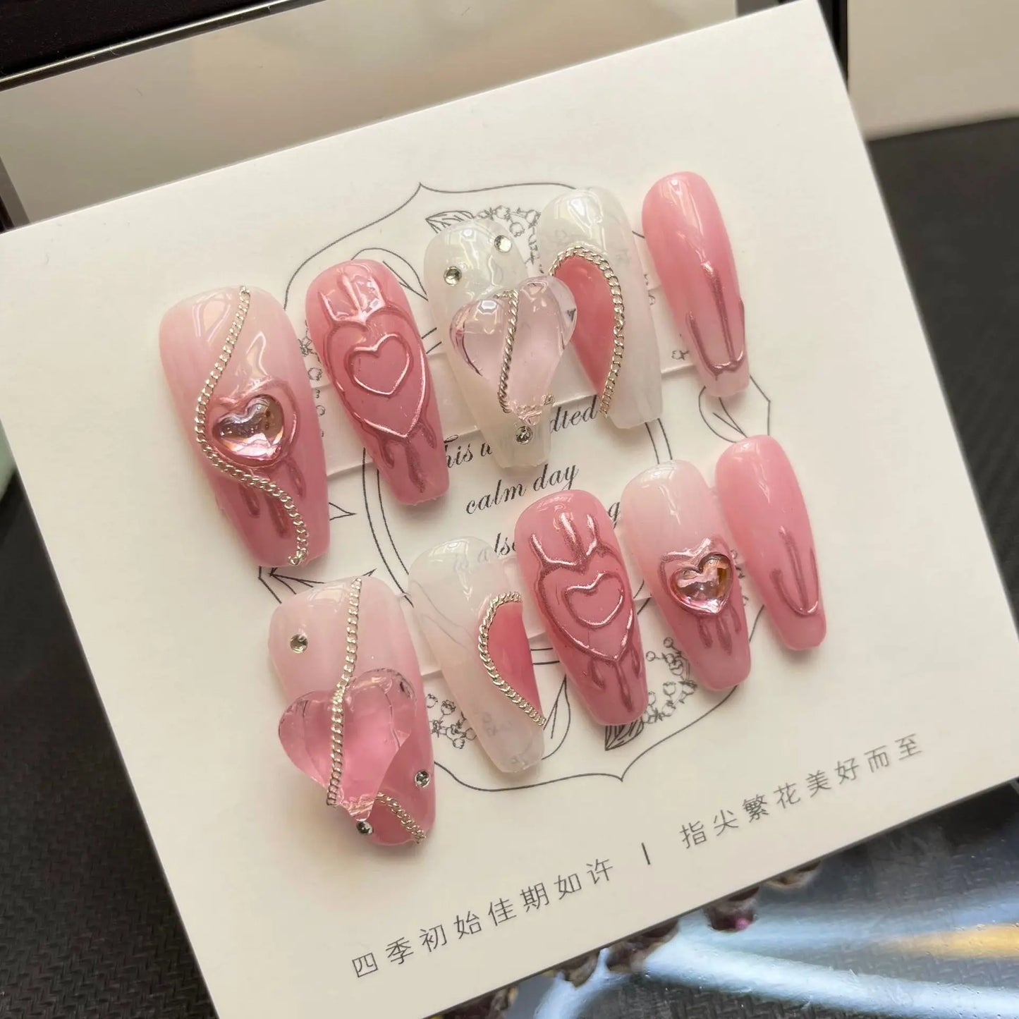 10pcs Handmade Almond Press On Nails Gradient Cat Eye Pink French Fake Nail Bow Design Full Cover Nail Tips Wearable False Nail