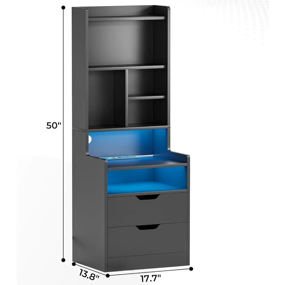 Charging Nightstand Set of 2 with LED Lights,Tall Night Stand with Bookshelf,Bedside Table with Drawers,Black Side Tables