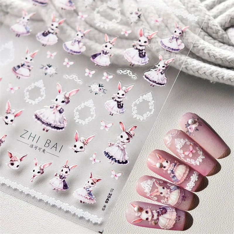 Noble Rococo Bunny Girl Pearl Butterfly Easter Egg Rabbit Soft Relief Self Adhesive 5D Nail Art Decoration Sticker 3D Nail Decal