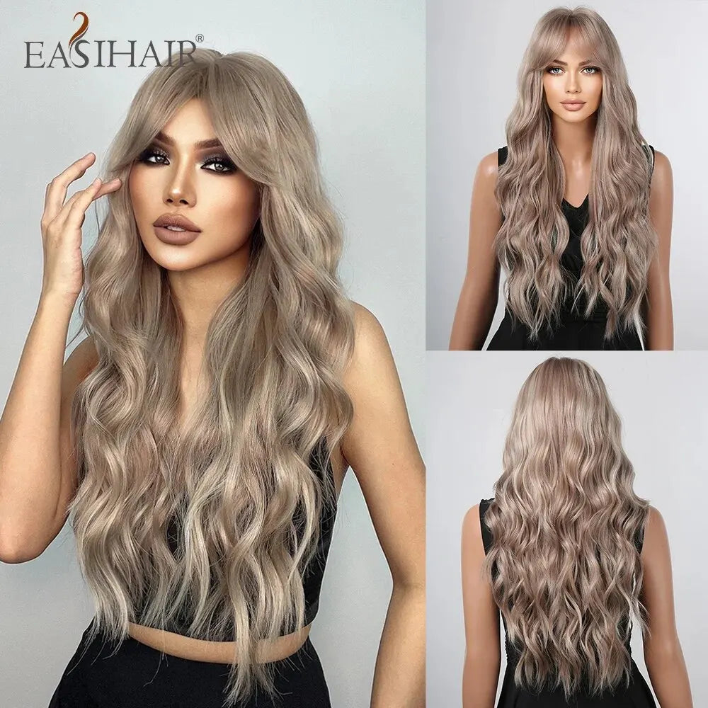 Blonde Ombre Synthetic Wigs with Long Bangs Long Curly Wavy Natural Hair Wigs for Afro Women Daily Party Heat Resistant