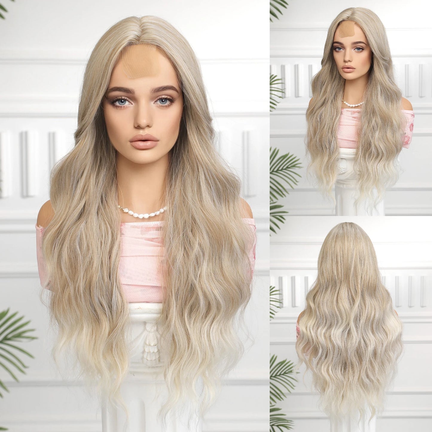 CharmSource Hairline Lace Wigs Brown Ombre Blonde Synthetic Long Wavy Wig with Long Bangs for Women Cosplay High Density Hair