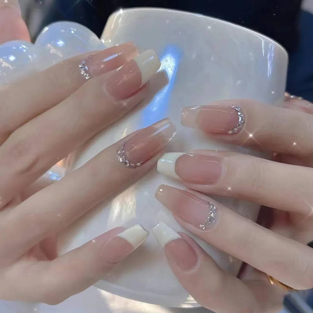 24Pcs Glossy Short Ballerina Press On Nails Pink Glitter Style False Nails With Rhinestone Shiny Artificial Reusable Fake Nails