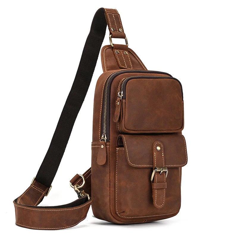 Casual Sport Bag Leather Chest Bags for Men iPad Mini Cow Leather One Shoulder Bags Male Anti Theft Chest Pack Sling Bag for Men