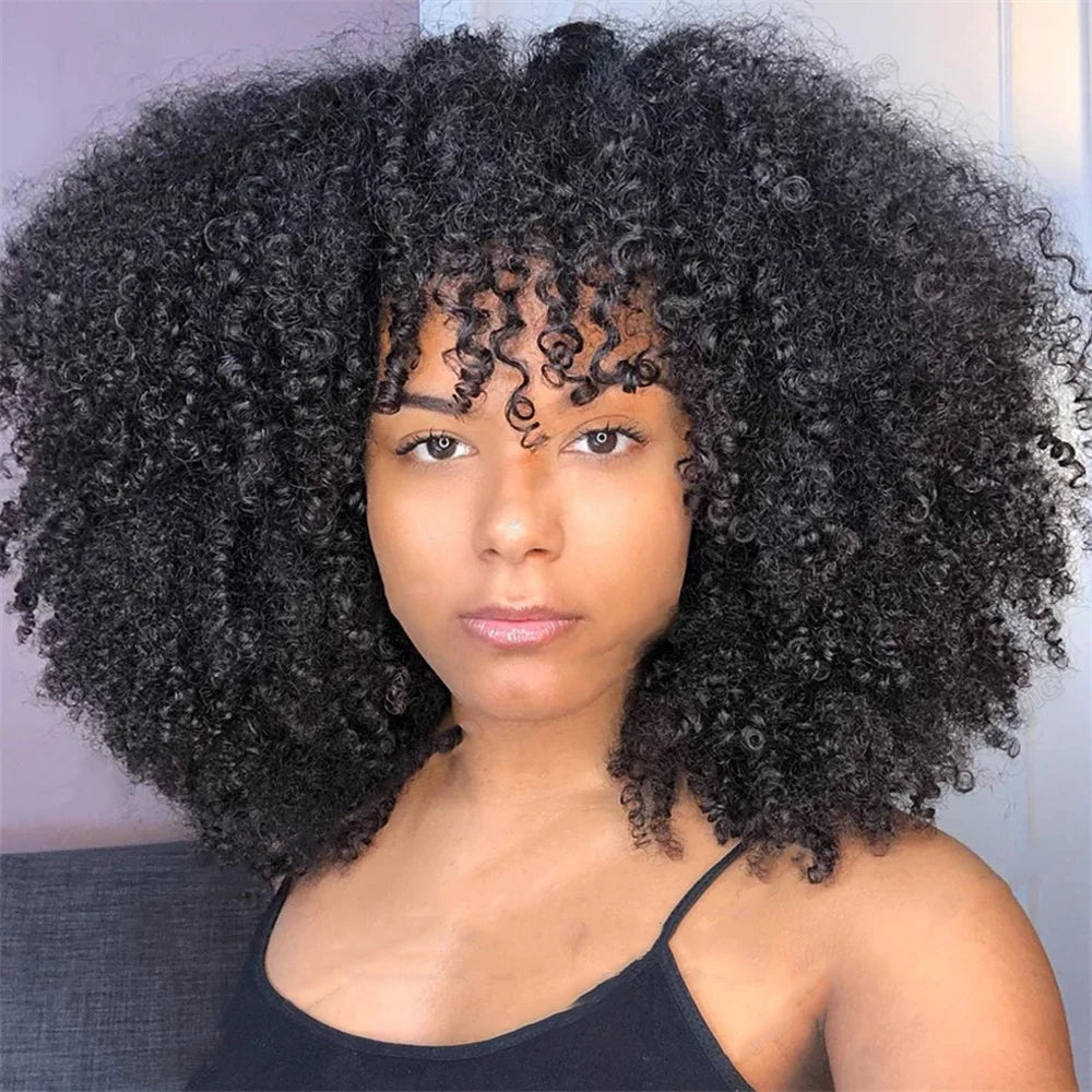 Afro Kinky Curly Human Hair Wigs With Bangs For Black Women 100% Human Hair Wig Cheap Malaysian Machine Made Human Hair Wigs