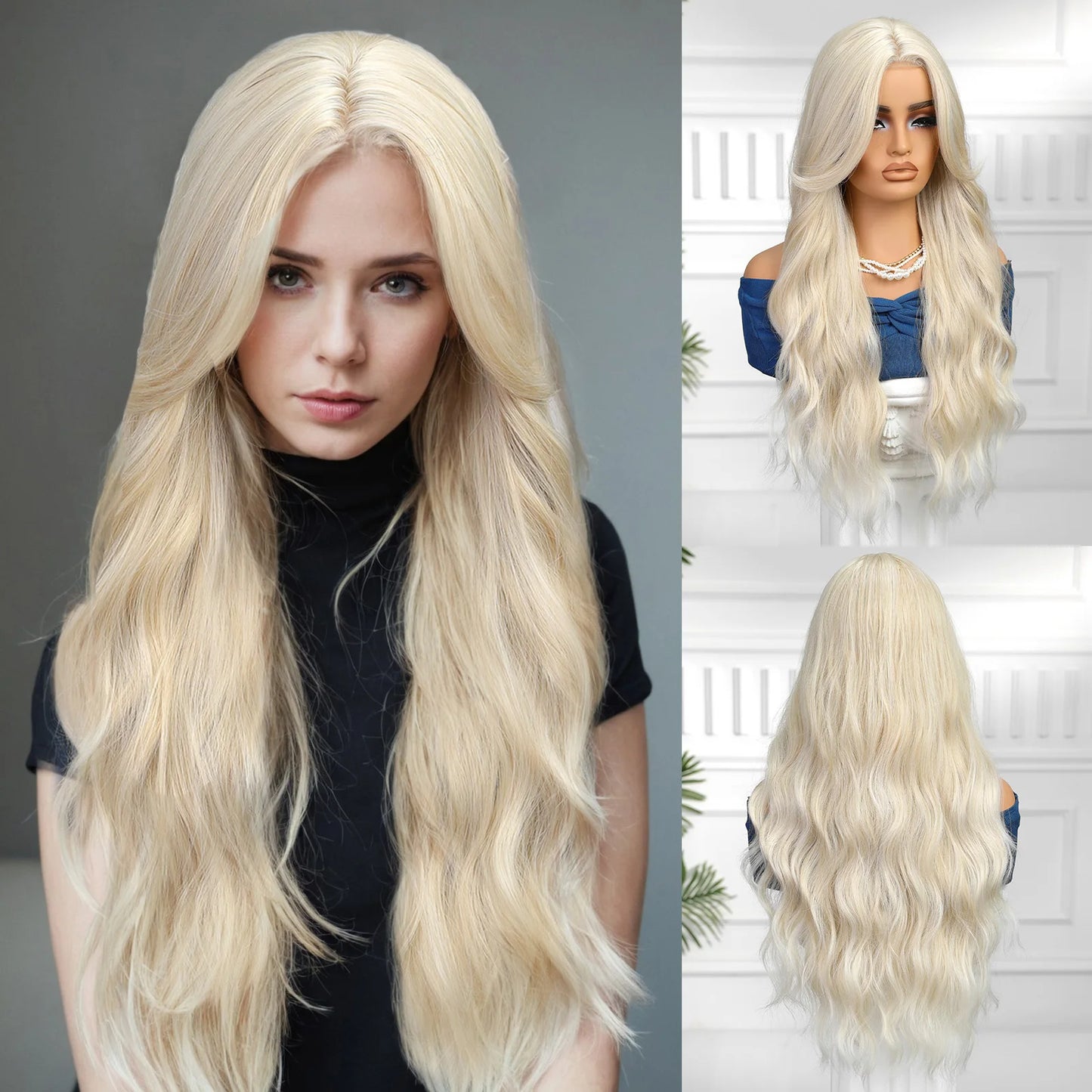 CharmSource Hairline Lace Wigs Brown Ombre Blonde Synthetic Long Wavy Wig with Long Bangs for Women Cosplay High Density Hair