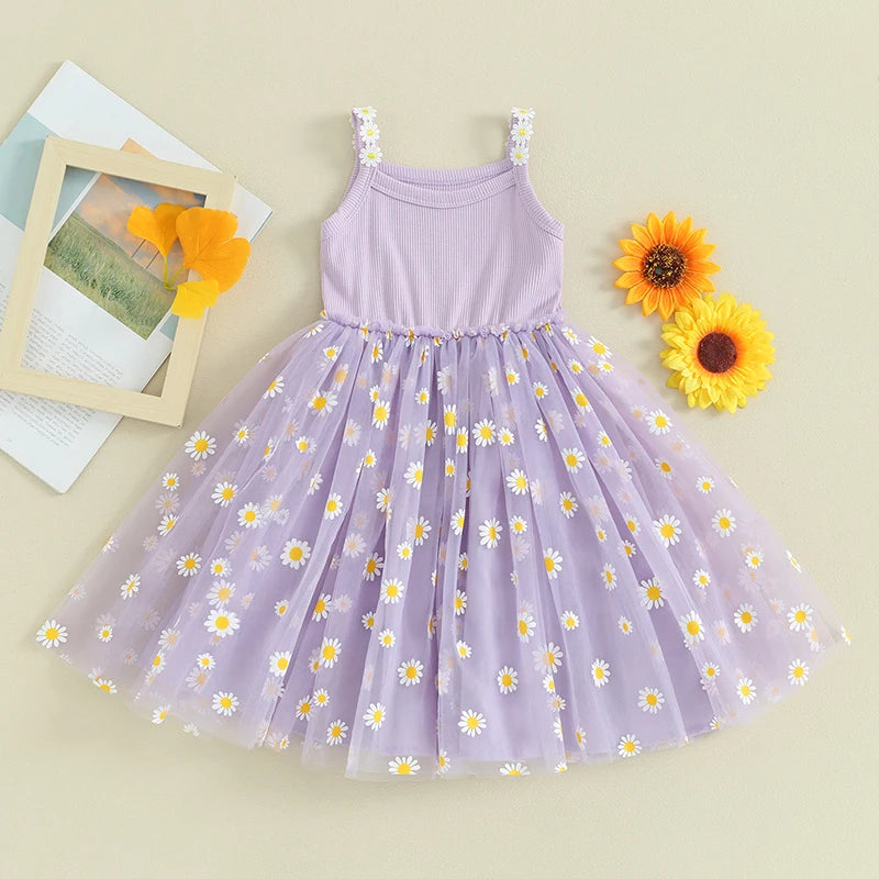 0-4Y Baby Girls Summer Dress Sling Sleeveless Daisy Print Mesh A-Line Princess Dress for Beach Party Kids Clothes