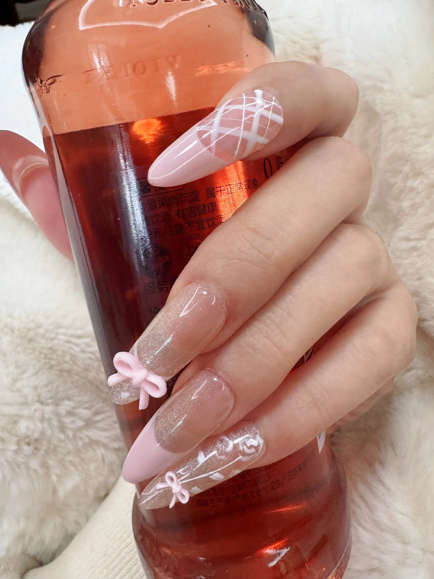 10pcs Handmade Almond Press On Nails Gradient Cat Eye Pink French Fake Nail Bow Design Full Cover Nail Tips Wearable False Nail