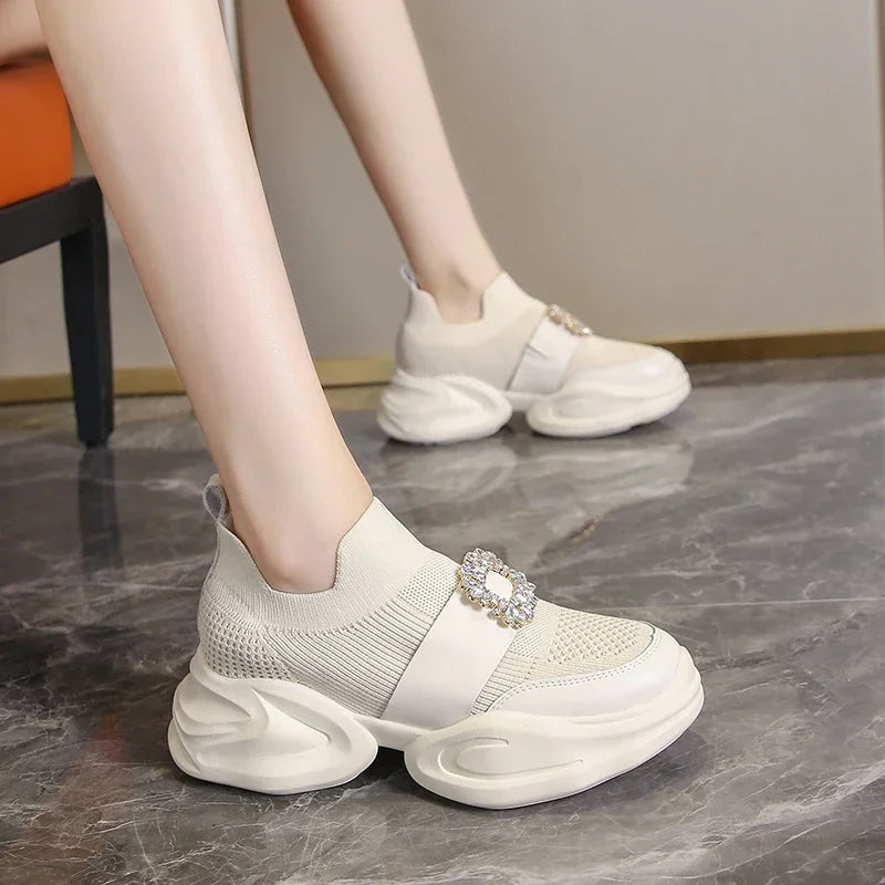 Women Luxury Crystal Sports Shoes Spring and Autumn Fashion Mesh Breathable Platform Sports Shoes Women Comfortable Tennis Shoes