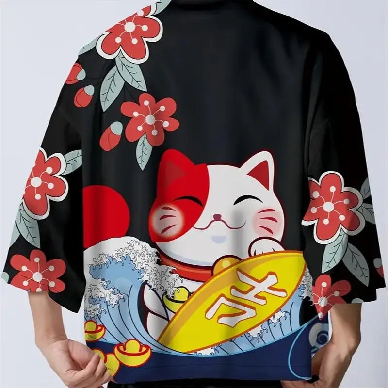 Japanese Kimono Yukata Samurai Kimono Man Cat Print Shirt Clothing Harajuku Cardigan For MenTraditional Haori Kimono Women