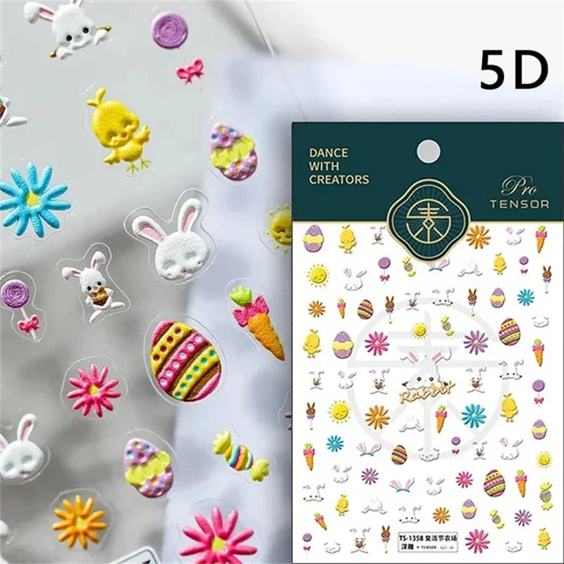 Noble Rococo Bunny Girl Pearl Butterfly Easter Egg Rabbit Soft Relief Self Adhesive 5D Nail Art Decoration Sticker 3D Nail Decal
